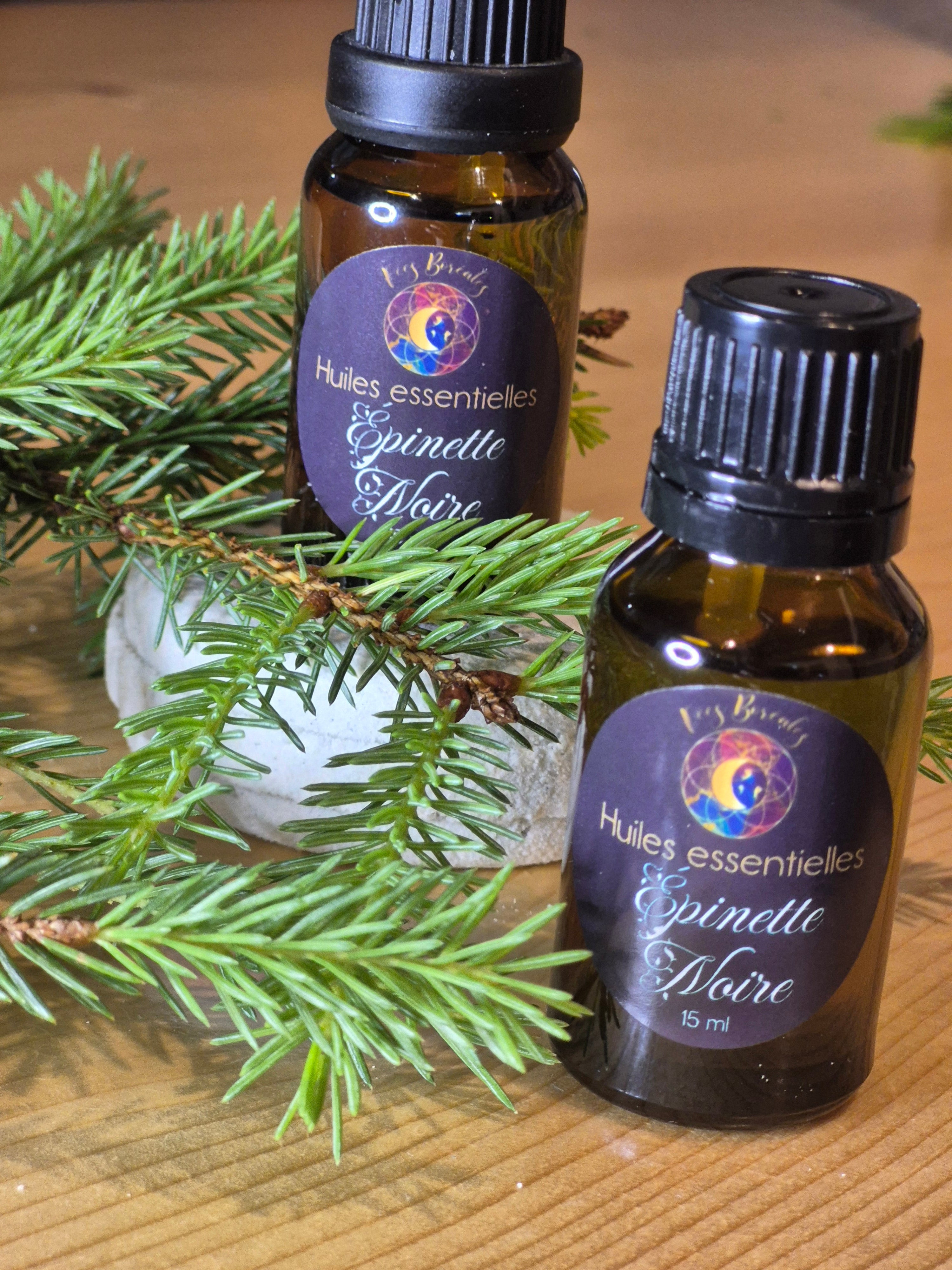 Huile essentielle d'épinette noire 15 ml – Fées Boréales, flacon ambré avec étiquette mauve et or, entouré de branches d'épinette